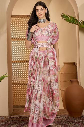 Pastel pink linen silver zari digital print saree with latkan tassel pallu & belt