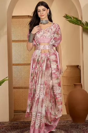 Pastel pink linen silver zari digital print saree with latkan tassel pallu & belt