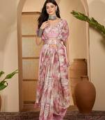 Pastel pink linen silver zari digital print saree with latkan tassel pallu & belt