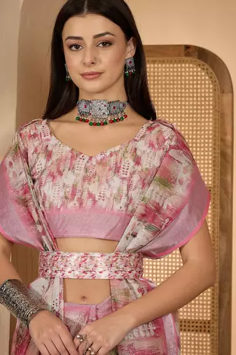 Pastel pink linen silver zari digital print saree with latkan tassel pallu & belt