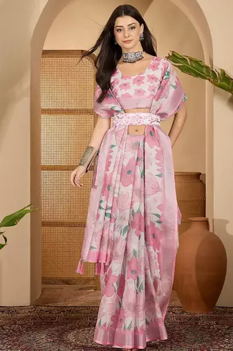Baby pink linen silver zari saree with belt bold floral digital print & latkan tassel pallu