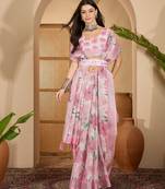 Baby pink linen silver zari saree with belt bold floral digital print & latkan tassel pallu