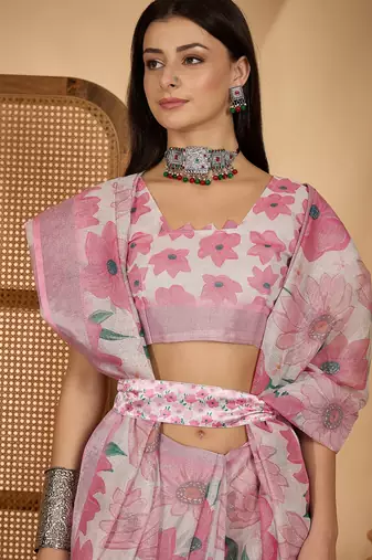 Baby pink linen silver zari saree with belt bold floral digital print & latkan tassel pallu
