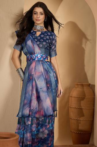 Royal blue linen silver zari saree with belt bloom print & tassel pallu