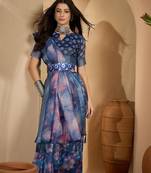 Royal blue linen silver zari saree with belt bloom print & tassel pallu