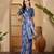 Royal blue linen silver zari saree with belt bloom print & tassel pallu