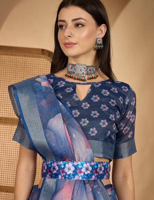 Royal blue linen silver zari saree with belt bloom print & tassel pallu 5