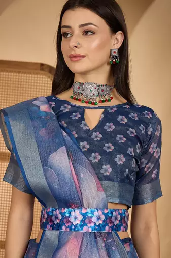 Royal blue linen silver zari saree with belt bloom print & tassel pallu
