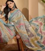 Aqua gold striped linen silver zari saree with digital print & highlighted belt