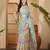 Aqua gold striped linen silver zari saree with digital print & highlighted belt