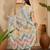 Aqua gold striped linen silver zari saree with digital print & highlighted belt