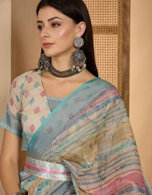 Aqua gold striped linen silver zari saree with digital print & highlighted belt 5