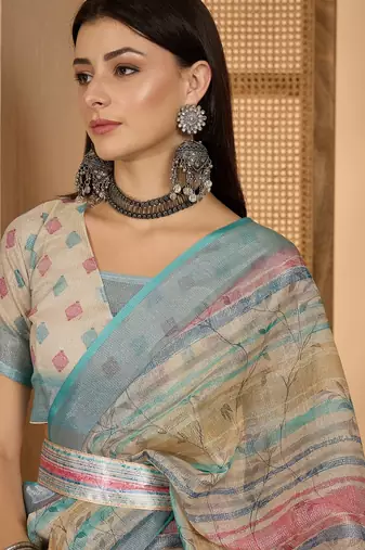 Aqua gold striped linen silver zari saree with digital print & highlighted belt