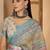 Aqua gold striped linen silver zari saree with digital print & highlighted belt