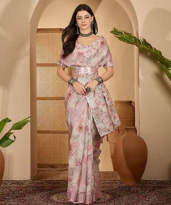 Elegant linen silver zari digital print saree with tassel pallu & designer belt 1