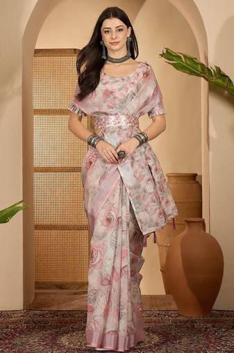 Elegant linen silver zari digital print saree with tassel pallu & designer belt