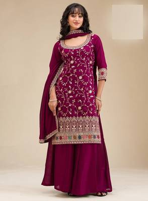 Maroon embroidered vichitra silk blend stitched palazzo style salwar suit 1