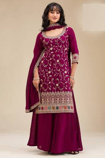 Maroon embroidered vichitra silk semi-stitched palazzo style salwar suit