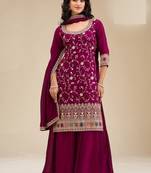 Maroon embroidered vichitra silk semi-stitched palazzo style salwar suit