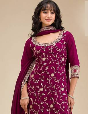 Maroon embroidered vichitra silk blend stitched palazzo style salwar suit 2