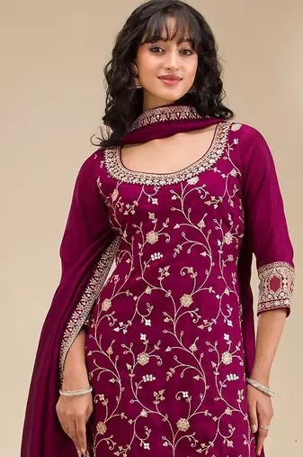 Maroon embroidered vichitra silk blend stitched palazzo style salwar suit