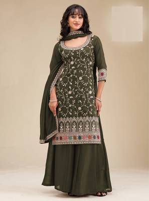 Green embroidered vichitra silk blend stitched palazzo style salwar suit 1
