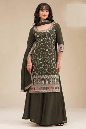 Green embroidered vichitra silk semi-stitched palazzo style salwar suit