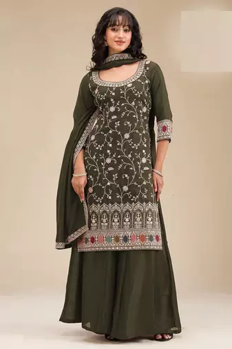 Green embroidered vichitra silk semi-stitched palazzo style salwar suit