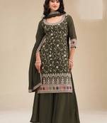 Green embroidered vichitra silk semi-stitched palazzo style salwar suit