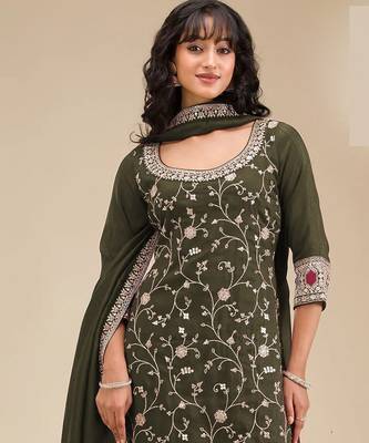 Green embroidered vichitra silk blend stitched palazzo style salwar suit 2