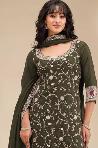 Green embroidered vichitra silk blend stitched palazzo style salwar suit