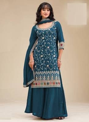Blue embroidered vichitra silk blend stitched palazzo style salwar suit 1