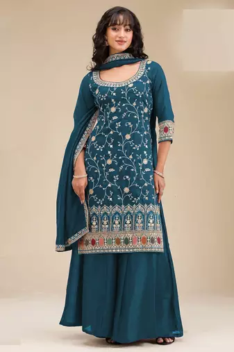 Blue embroidered vichitra silk semi-stitched palazzo style salwar suit