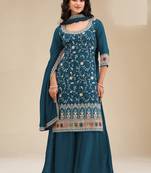 Blue embroidered vichitra silk semi-stitched palazzo style salwar suit