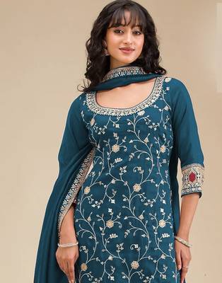 Blue embroidered vichitra silk blend stitched palazzo style salwar suit 2