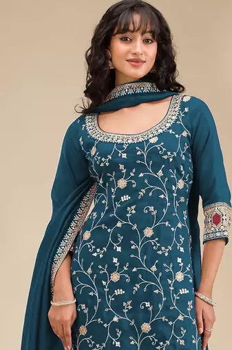 Blue embroidered vichitra silk blend stitched palazzo style salwar suit