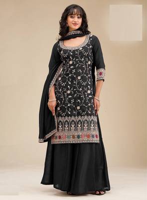 Black embroidered vichitra silk blend stitched palazzo style salwar suit 1