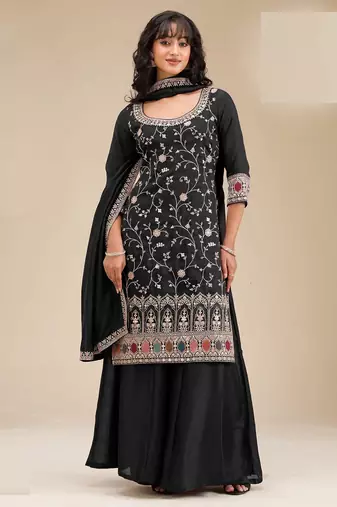 Black embroidered vichitra silk semi-stitched palazzo style salwar suit