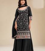 Black embroidered vichitra silk semi-stitched palazzo style salwar suit
