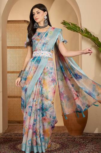 Linen silver zari multi-color digital print saree with latkan pallu & designer belt