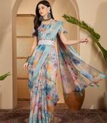 Linen silver zari multi-color digital print saree with latkan pallu & designer belt