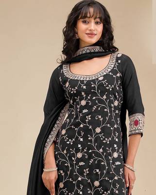 Black embroidered vichitra silk blend stitched palazzo style salwar suit 2