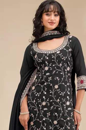 Black embroidered vichitra silk blend stitched palazzo style salwar suit