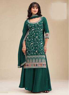 Dark green embroidered vichitra silk blend stitched palazzo style salwar suit 1