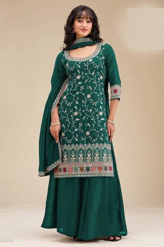 Dark green embroidered vichitra silk semi-stitched palazzo style salwar suit