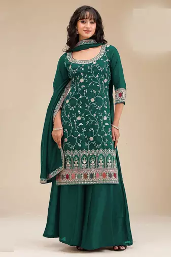 Dark green embroidered vichitra silk semi-stitched palazzo style salwar suit