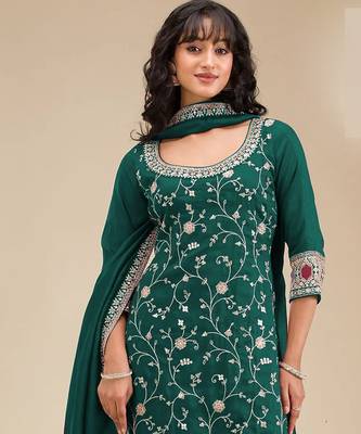Dark green embroidered vichitra silk blend stitched palazzo style salwar suit 2