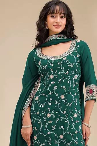 Dark green embroidered vichitra silk blend stitched palazzo style salwar suit