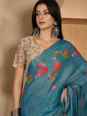 teal blue eroad art silk saree with digital floral print soft lightweight ethnic festive saree 5