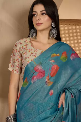 teal blue eroad art silk saree with digital floral print soft lightweight ethnic festive saree